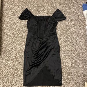 Black satin corset boning off the shoulder wrap high slit dress size large